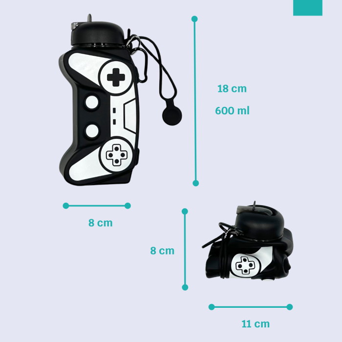 Sticla pentru apa, pliabila, din silicon fara BPA, cu carabina si curea de prindere, model gamer, negru cu alb, 600 ml [6]