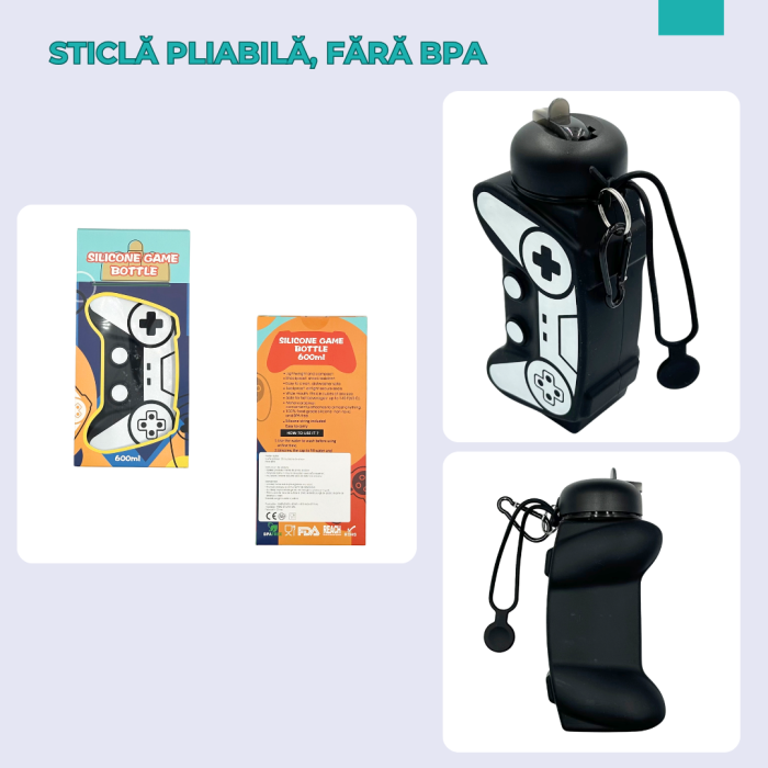 Sticla pentru apa, pliabila, din silicon fara BPA, cu carabina si curea de prindere, model gamer, negru cu alb, 600 ml [2]