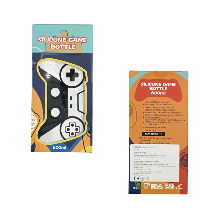 Sticla pentru apa, pliabila, din silicon fara BPA, cu carabina si curea de prindere, model gamer, negru cu alb, 600 ml [5]