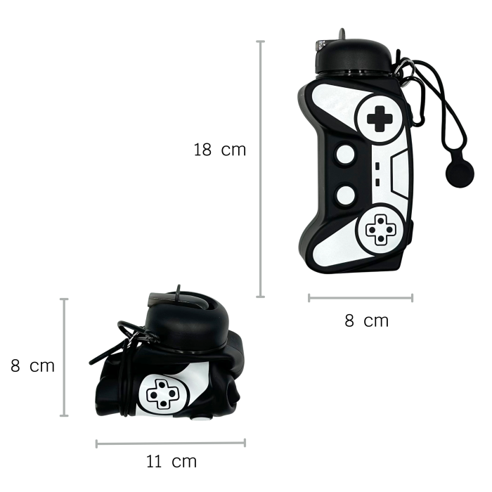 Sticla pentru apa, pliabila, din silicon fara BPA, cu carabina si curea de prindere, model gamer, negru cu alb, 600 ml [4]