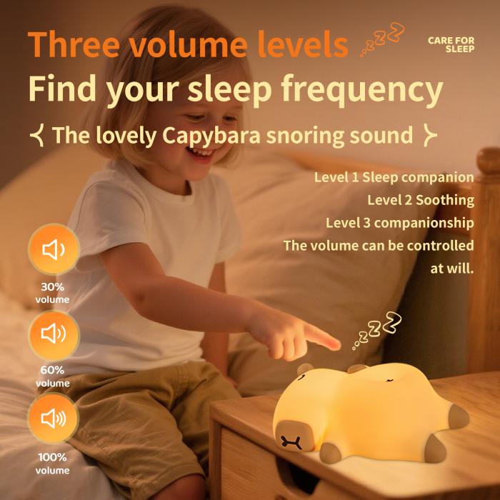 Veioza portabila de tip lampa LED din silicon, model capybara care sforaie si se aprinde, bej cu maro, lumina reglabila, incarcare tip USB-C, white noise, 20x13.9x8.7 cm [7]