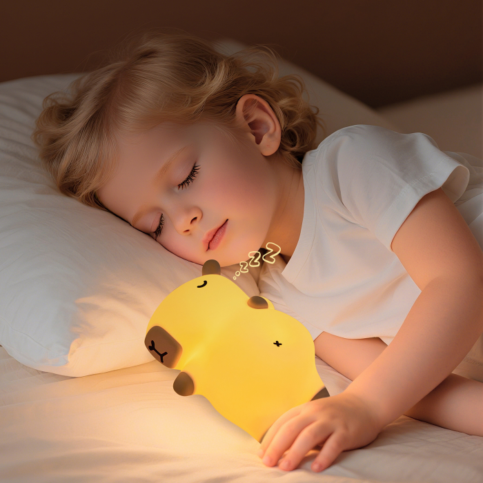 Veioza portabila de tip lampa LED din silicon, model capybara care sforaie si se aprinde, bej cu maro, lumina reglabila, incarcare tip USB-C, white noise, 20x13.9x8.7 cm [3]