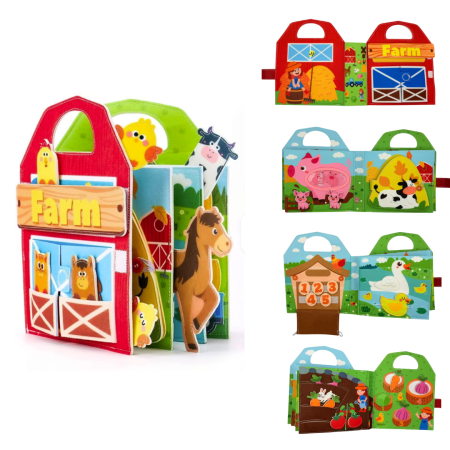 Cărți educative Busy Books - Carte senzoriala de tip Busy book, cu manere, din fetru de calitate, Montessori, tematica ferma, numeroase activitati, 9 pagini educative si interactive, ideala pentru copii de 1-5 ani, 24x21x8 cm