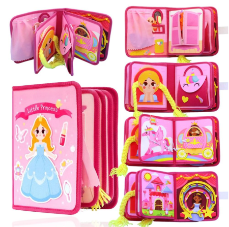 Cărți educative Busy Books - Carte senzorială de tip Busy book, din fetru de calitate, Montessori, tematica prințese, 8 pagini cu 20 de activități educative și interactive, ideală pentru fetițe de 1-5 ani, 23x19x9 cm