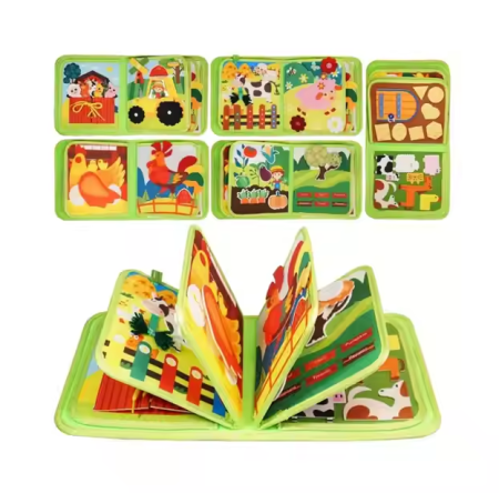 Carte senzoriala de tip Busy book, din fetru de calitate, Montessori, tematica animale de ferma, 10 pagini educative si interactive, ideala pentru copii de 1-5 ani, 24x20x6 cm [2]