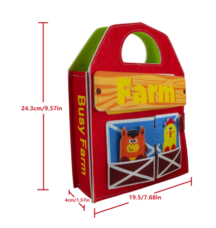 Carte senzoriala de tip Busy book, din fetru de calitate, cu manere, Montessori, tematica ferma, 9 pagini educative si interactive, ideala pentru copii de 1-5 ani, 24x21x10 cm [1]