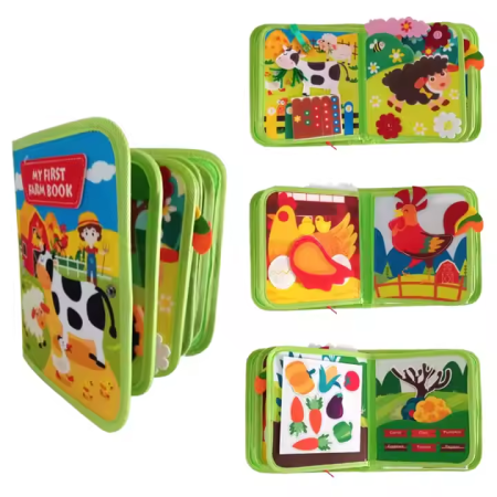Cărți educative Busy Books - Carte senzoriala de tip Busy book, din fetru de calitate, Montessori, tematica animale de ferma, 10 pagini educative si interactive, ideala pentru copii de 1-5 ani, 24x20x6 cm