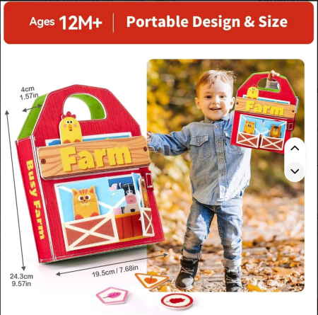 Carte senzoriala de tip Busy book, din fetru de calitate, cu manere, Montessori, tematica ferma, 9 pagini educative si interactive, ideala pentru copii de 1-5 ani, 24x21x10 cm [8]