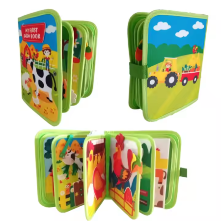 Carte senzoriala de tip Busy book, din fetru de calitate, Montessori, tematica animale de ferma, 10 pagini educative si interactive, ideala pentru copii de 1-5 ani, 24x20x6 cm [1]