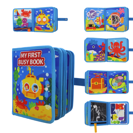 Cărți educative Busy Books - Carte senzoriala de tip Busy book, din fetru de calitate, Montessori, tematica animale marine, numeroase activitati, 10 pagini educative si interactive, ideala pentru copii de 1-5 ani, 23x20x5 cm
