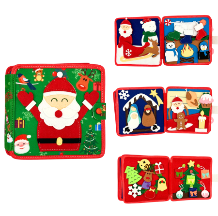 Cărți educative Busy Books - Carte senzoriala de tip Busy book, din fetru de calitate, Montessori, tematica de Craciun, numeroase activitati, 7 pagini educative si interactive, ideala pentru copii de 1-5 ani, 20x20x5 cm