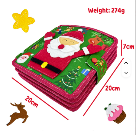Carte senzoriala de tip Busy book, din fetru de calitate, Montessori, tematica de Craciun, numeroase activitati, 7 pagini educative si interactive, ideala pentru copii de 1-5 ani, 20x20x5 cm [1]