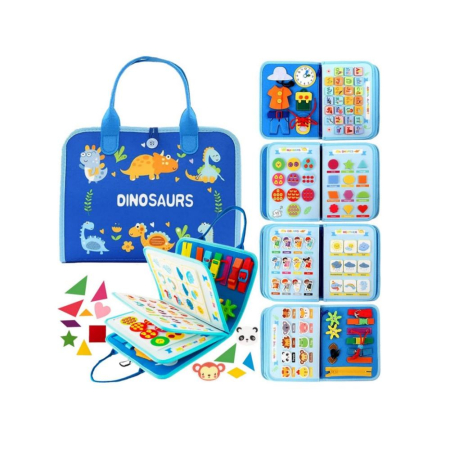 Cărți educative Busy Books - Carte senzoriala Montessori, 8-in-1, coperta cu dinozauri, dimensiuni 28.5x22.5x5 cm, educativa pentru copii 1-4 ani