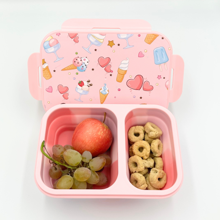 Caserolă alimentară pliabilă, din silicon, capac din plastic, două compartimente, fără BPA, tacâm inclus, 600+400ml, închidere etanșă, roz [4]