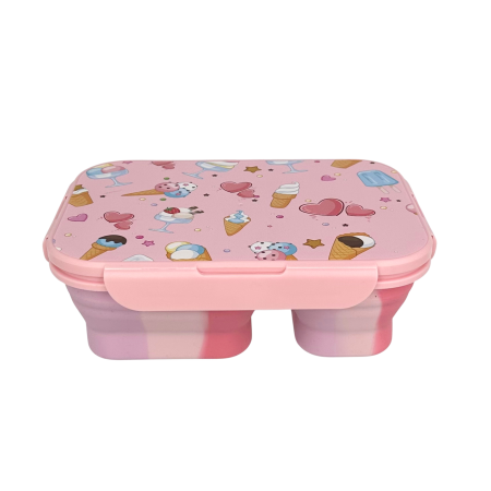 Caserolă alimentară pliabilă, din silicon, capac din plastic, două compartimente, fără BPA, tacâm inclus, 600+400ml, închidere etanșă, roz [1]