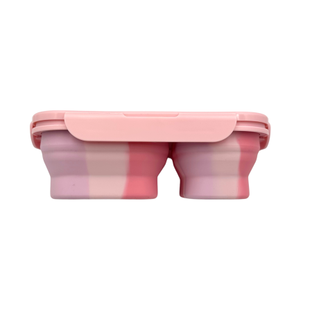 Caserolă alimentară pliabilă, din silicon, capac din plastic, două compartimente, fără BPA, tacâm inclus, 600+400ml, închidere etanșă, roz [2]