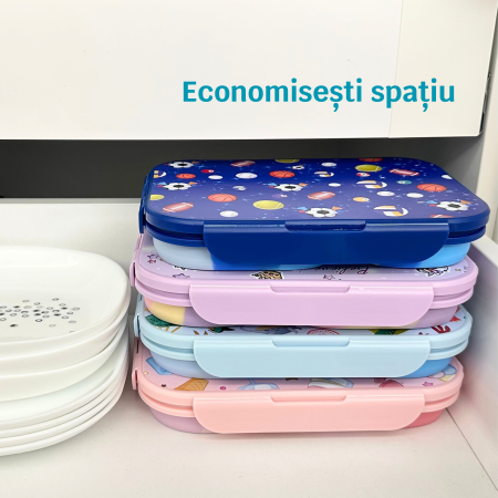 Caserolă alimentară pliabilă, din silicon, capac din plastic, două compartimente, fără BPA, tacâm inclus, 600+400ml, închidere etanșă, roz [5]