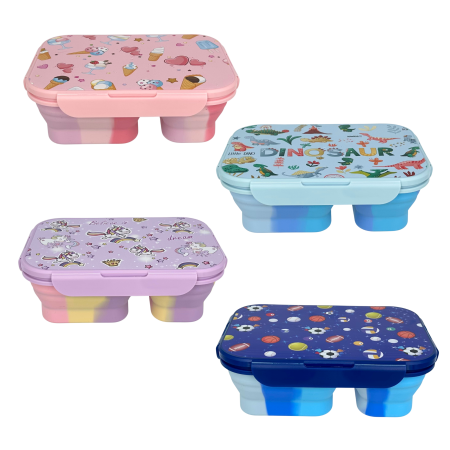 Caserolă alimentară pliabilă, din silicon, capac din plastic, două compartimente, fără BPA, tacâm inclus, 600+400ml, închidere etanșă, bleu [9]