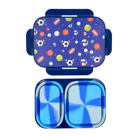 Caserolă alimentară pliabilă, din silicon, capac din plastic, două compartimente, fără BPA, tacâm inclus, 600+400ml, închidere etanșă, albastru [5]