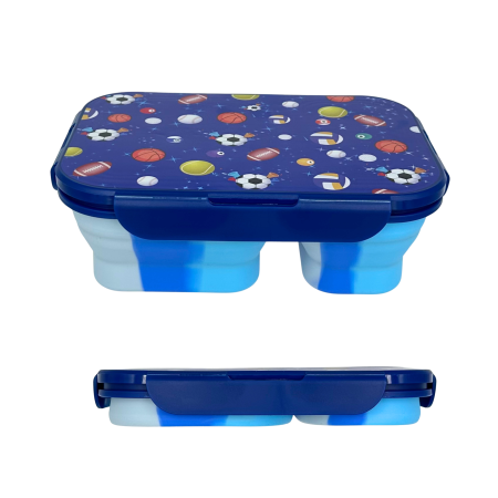 Sticle și caserole din silicon - Caserolă alimentară pliabilă, din silicon, capac din plastic, două compartimente, fără BPA, tacâm inclus, 600+400ml, închidere etanșă, albastru