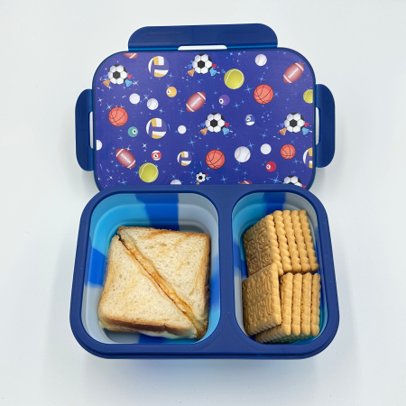 Caserolă alimentară pliabilă, din silicon, capac din plastic, două compartimente, fără BPA, tacâm inclus, 600+400ml, închidere etanșă, albastru [6]