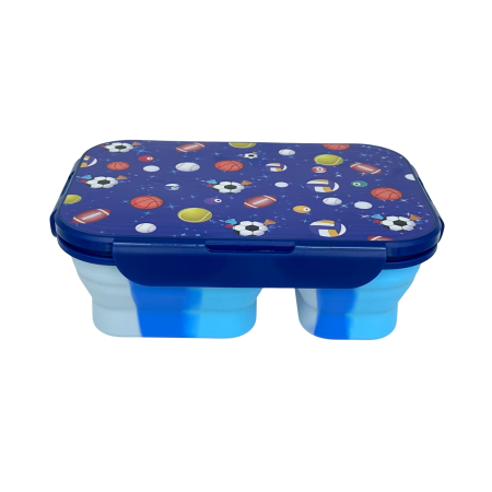 Caserolă alimentară pliabilă, din silicon, capac din plastic, două compartimente, fără BPA, tacâm inclus, 600+400ml, închidere etanșă, albastru [1]