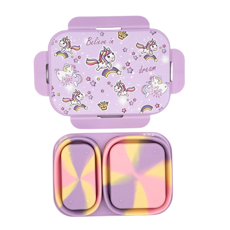 Caserolă alimentară pliabilă, din silicon, capac din plastic, două compartimente, fără BPA, tacâm inclus, 600+400ml, închidere etanșă, mov [1]