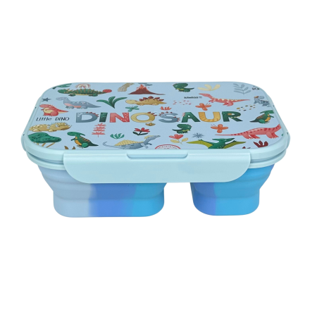 Caserolă alimentară pliabilă, din silicon, capac din plastic, două compartimente, fără BPA, tacâm inclus, 600+400ml, închidere etanșă, bleu [4]