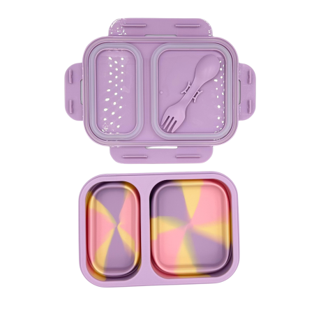 Caserolă alimentară pliabilă, din silicon, capac din plastic, două compartimente, fără BPA, tacâm inclus, 600+400ml, închidere etanșă, mov [2]