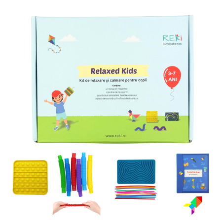 Kit de relaxare copii - Kit de relaxare și calmare pentru copii, alcătuit din: tangram magnetic, placă senzorială, jucărie pop-it și șase tuburi senzoriale