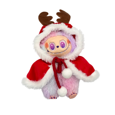Haine pentru Labubu - Mantie de Crăciun pentru păpuși, cu coarne de ren, roșie și albă, 17 cm, set accesorii