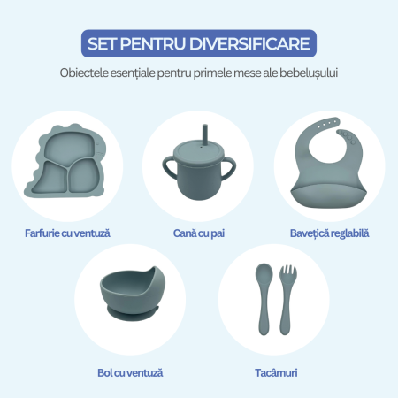 Seturi diversificare bebeluși - Set complet pentru diversificare bebelusi, din silicon alimentar sigur si inodor, fara BPA, antiderapant, 6 piese, dusty blue