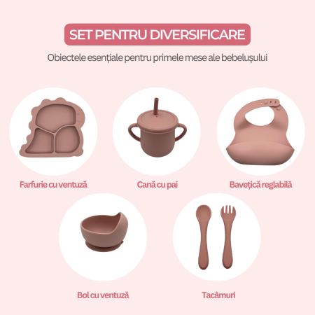 Seturi diversificare bebeluși - Set complet pentru diversificare bebelusi, din silicon alimentar sigur si inodor, fara BPA, antiderapant, 6 piese, dusty pink