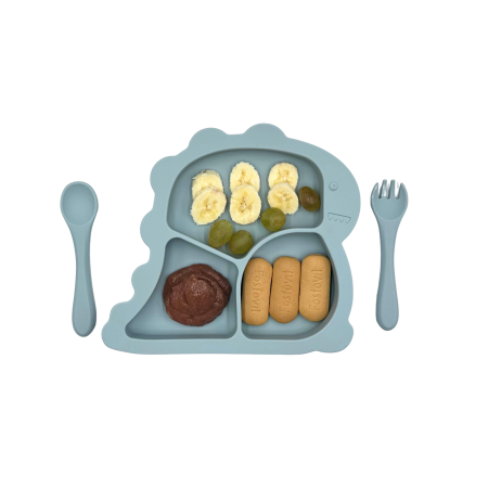 Set complet pentru diversificare bebelusi, din silicon alimentar sigur si inodor, fara BPA, antiderapant, sase piese, dusty blue [4]