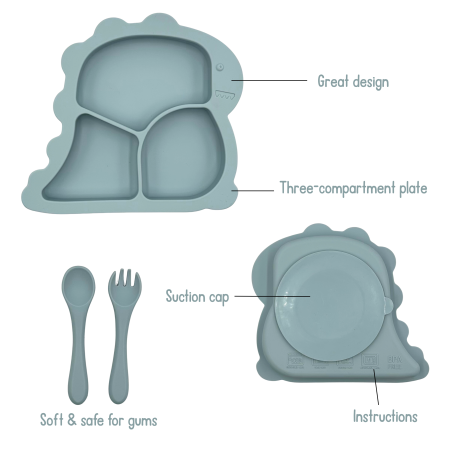 Set complet pentru diversificare bebelusi, din silicon alimentar sigur si inodor, fara BPA, antiderapant, sase piese, dusty blue [1]