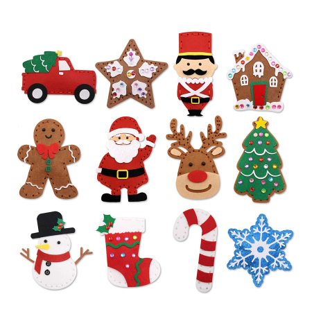 Seturi de cusut DIY - Set de cusut DIY, din fetru de calitate, tematica de Craciun, 12 elemente, ideal pentru copii de 3-7 ani, multiple abilitati dezvoltate