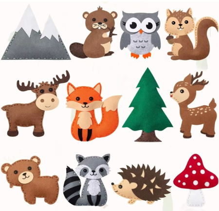 Seturi de cusut DIY - Set de cusut DYI, din fetru de calitate, tematica padure, 12 elemente, ideala pentru copii de 5-7 ani, multiple abilitati dezvoltate