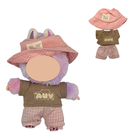 Haine și accesorii pentru păpuși - Set haine pentru papusi, model de zi, 3 piese, roz cu carouri albe, 17 cm