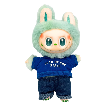 Haine și accesorii pentru Labubu - Set imbracaminte pentru papusi, hanorac albastru din bumbac si pantaloni denim, 17 cm