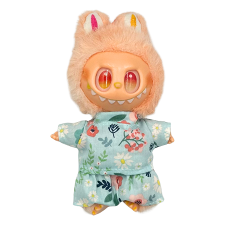 Haine și accesorii pentru Labubu - Set imbracaminte pentru papusi, model bleu cu flori, bluza si pantaloni, 17 cm