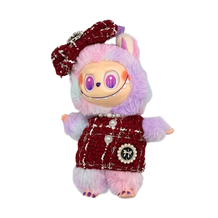 Haine și accesorii pentru Labubu - Set imbracaminte pentru papusi sau Labubu 17 cm, elegant, alcatuit din rochie eleganta grena si agrafa fundita