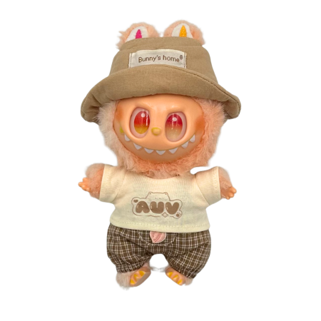 Haine pentru Labubu - Set îmbrăcăminte pentru păpuși sau pentru Labubu de 17 cm, model casual, alcătuit din trei piese, bej și maro, bumbac de calitate