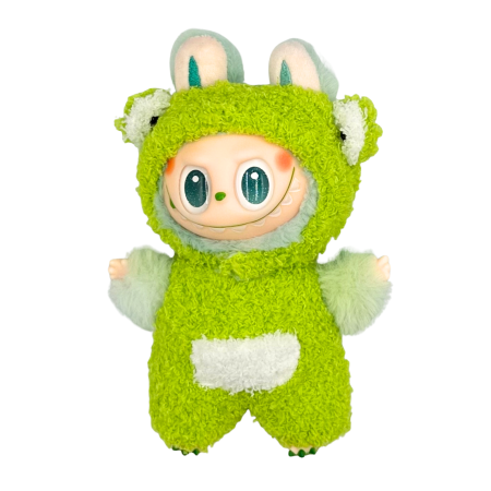 Haine pentru Labubu - Set îmbrăcăminte pentru păpuși sau pentru Labubu de 17 cm, model broscuță, alcătuit din salopetă și căciula asortată