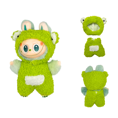 Set îmbrăcăminte pentru păpuși sau pentru Labubu de 17 cm, model broscuță, alcătuit din salopetă și căciula asortată [1]