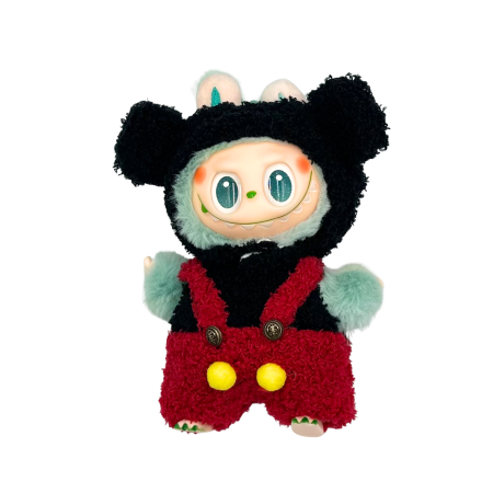 Haine pentru Labubu - Set îmbrăcăminte pentru păpuși sau pentru Labubu de 17 cm, model Mickey Mouse, alcătuit din salopetă și căciula asortată