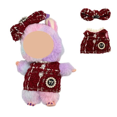 Haine și accesorii pentru păpuși - Set imbracaminte pentru papusi sau plusuri de 17 cm, elegant, alcatuit din rochie eleganta grena si agrafa fundita