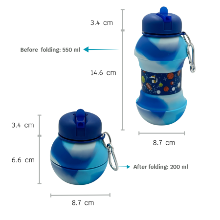 Sticla pentru apa, pliabila, din silicon fara BPA, cu carabina de prindere, model albastru cu mingi, 550 ml [2]