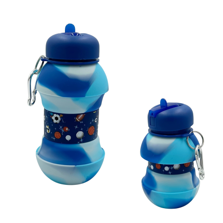 Sticla pentru apa, pliabila, din silicon fara BPA, cu carabina de prindere, model albastru cu mingi, 550 ml [1]
