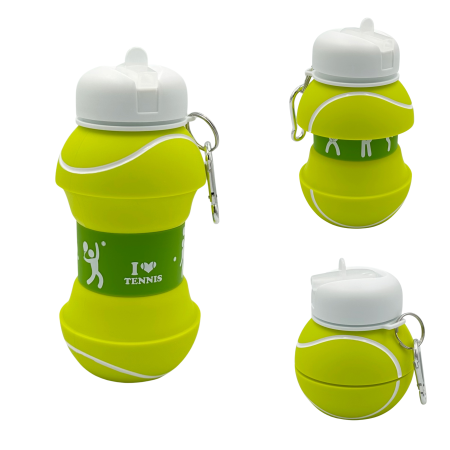 Sticle și caserole din silicon - Sticla pentru apa, pliabila, din silicon fara BPA, cu carabina de prindere, model minge de tenis, 550 ml