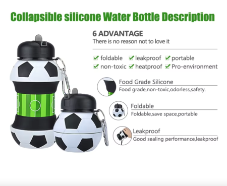 Sticla pentru apa, pliabila, din silicon fara BPA, cu carabina de prindere, fara scurgere, model minge de fotbal, 550 ml [3]
